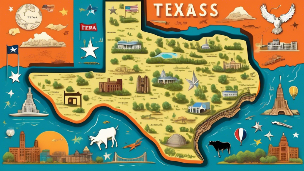 Texas landscape with a detailed map showing major cities, rivers, deserts, forests, and other geographic features, along with iconic Texas landmarks like the Alamo, NASA's Johnson Space Center, Dallas