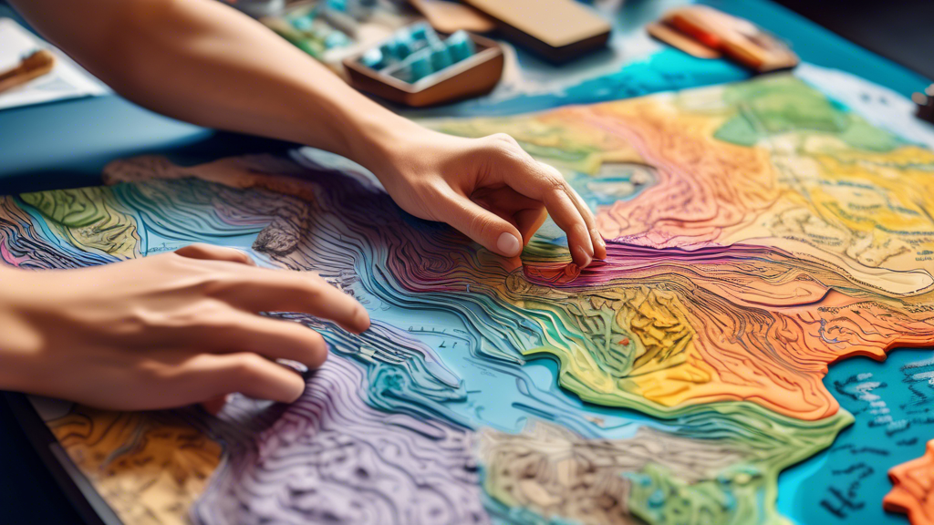 DALL-E Prompt: A close-up view of hands touching a highly detailed, colorful topographic map with raised terrain features, set against a backdrop of cartography tools and a globe, illustrating the fus