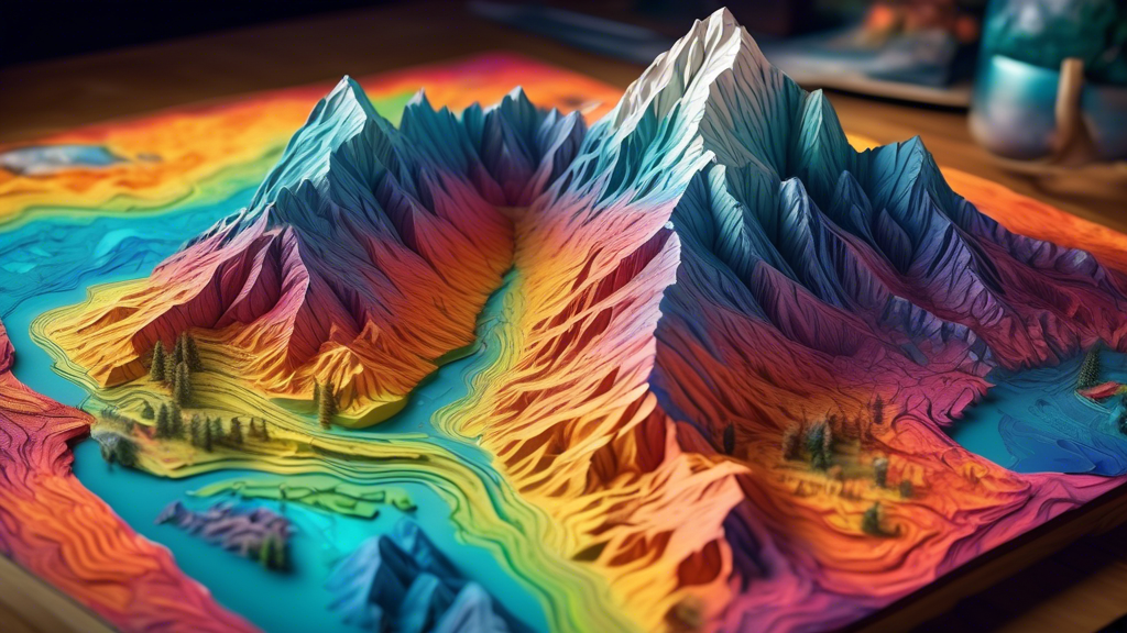 Prompt: A 3D topographic map of a mountainous region with realistic terrain, vibrant colors highlighting different elevations, and a hiker exploring the landscape, showcasing the immersive educational