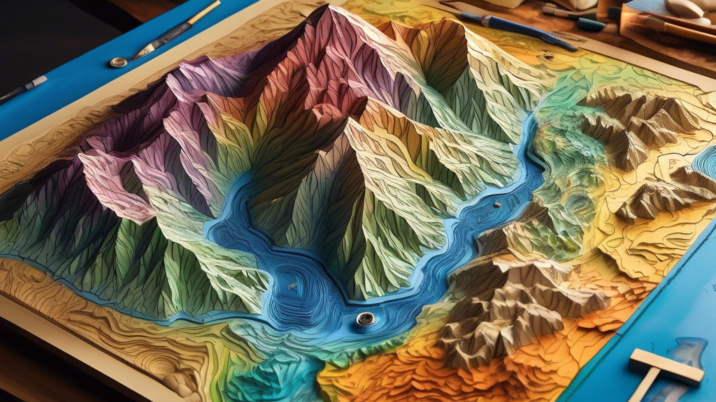 DALL-E prompt for an image relating to the article title Creating Stunning 3D Landscapes: The Art of Custom Raised Relief Maps:

A highly detailed, colorful raised relief map of a mountain range, with