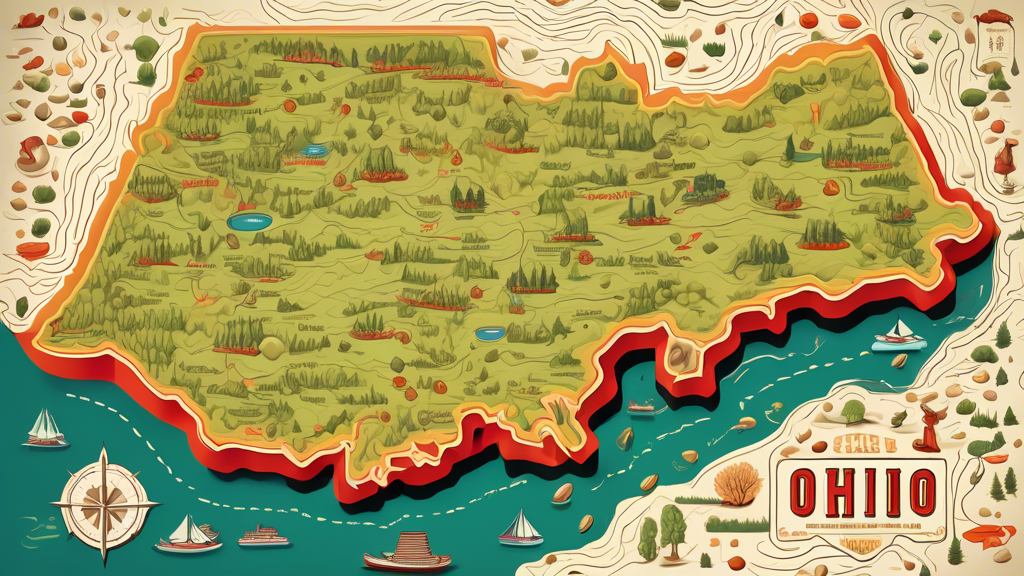 A stylized topographic map of the state of Ohio, featuring detailed terrain and elevation, major cities and landmarks, winding rivers and lakes, and the iconic buckeye leaf and nuts incorporated into 
