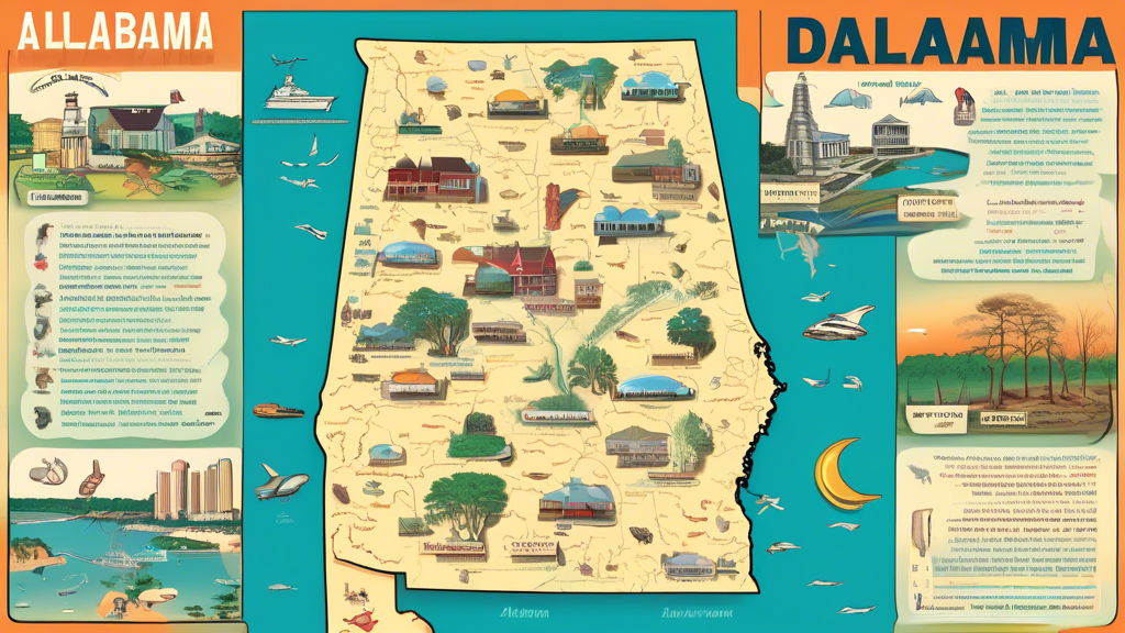 Here is a potential DALL-E prompt for an image related to A Comprehensive Guide to the State of Alabama:

A detailed illustration map of the state of Alabama featuring iconic landmarks, scenery, wildl