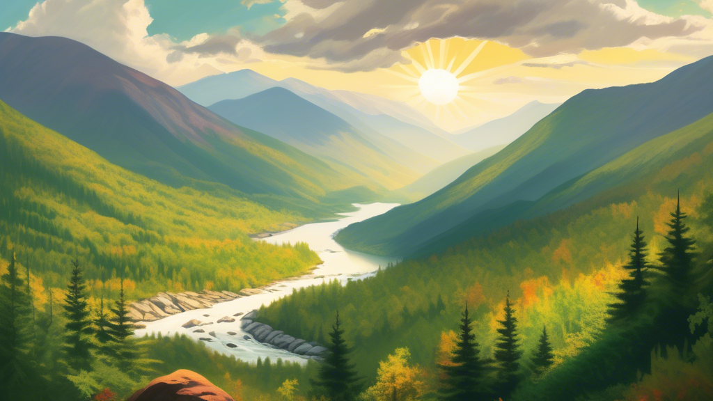 DALL-E prompt: A panoramic landscape view of the White Mountains in New Hampshire, featuring lush green forests, rocky peaks, and a winding river in the foreground, with sun rays filtering through the