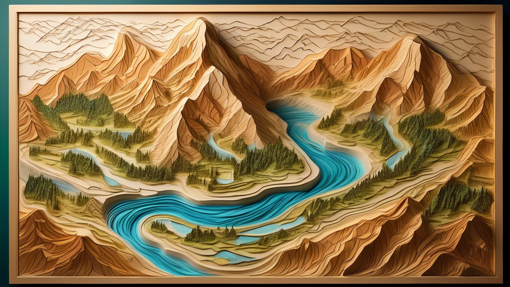 DALL-E prompt: A highly detailed bas relief map carved into a large wooden panel, depicting a mountainous landscape with rivers, valleys, and forests, showcasing the intricate artistry and three-dimen