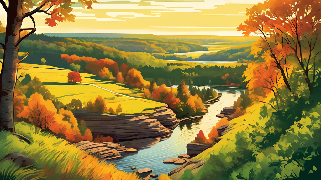 A breathtaking panoramic view of Wisconsin's rolling hills, winding rivers, and lush forests bathed in warm sunlight, with a rustic hiking trail leading into the distance, perfect for an illustrated g