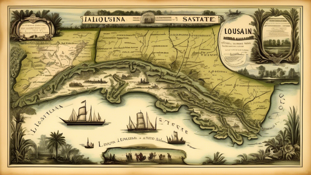 Here is a DALL-E prompt for an image that relates to the article title Navigating the Bayou State: A Comprehensive Map of Louisiana:

An antique map of Louisiana with hand-drawn illustrations around t