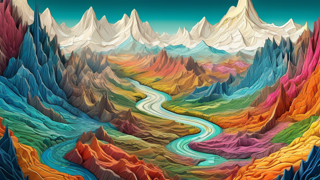 DALL-E Prompt:

A highly detailed, colorful and artistic exaggerated relief map of a fictional landscape, featuring towering mountain ranges with snow-capped peaks, deep canyons, winding rivers, and l