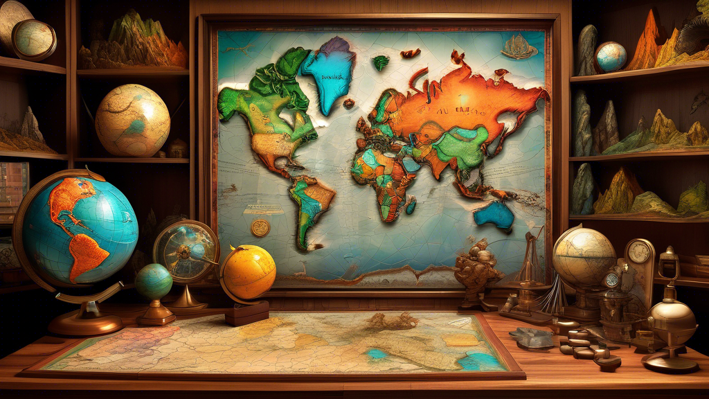 DALL-E Prompt:
A colorful and detailed three-dimensional relief map of the world, displaying various landforms and geographic features, sitting on a wooden table in a dimly lit study room with vintage