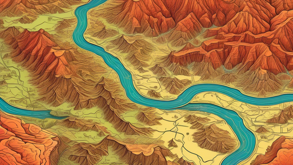 DALL-E prompt: A highly detailed topographic map of Utah, with shaded relief showing the dramatic and varied landscapes including desert canyons, towering mountains, red rock formations, and winding r