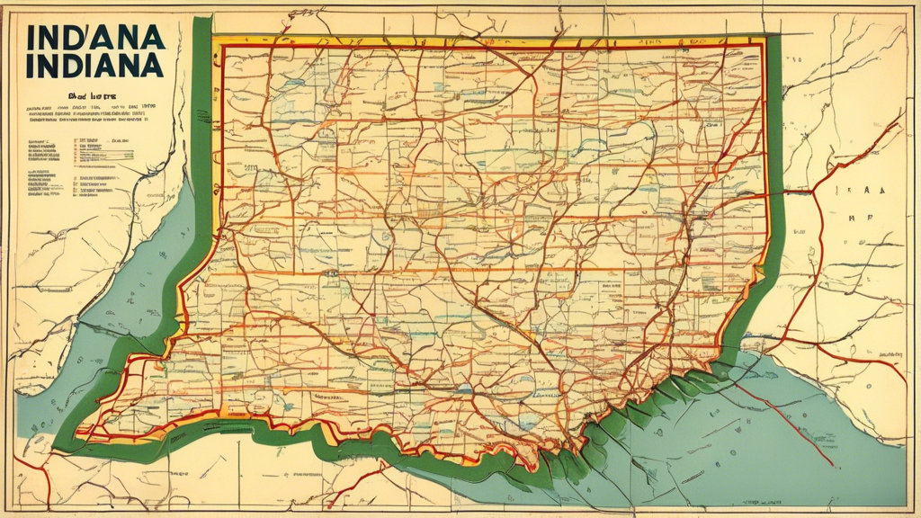 Here is a DALL-E prompt for an image related to an Indiana State Road Map:

A highly detailed vintage road map of the state of Indiana from the 1950s, showing all major highways, state routes, cities,