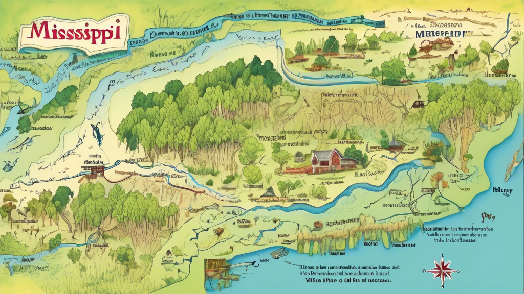 Here's a DALL-E prompt for an image related to the article title Exploring the Scenic Landscapes of Mississippi: A Comprehensive Map:

A highly detailed illustrated map of the state of Mississippi, fe