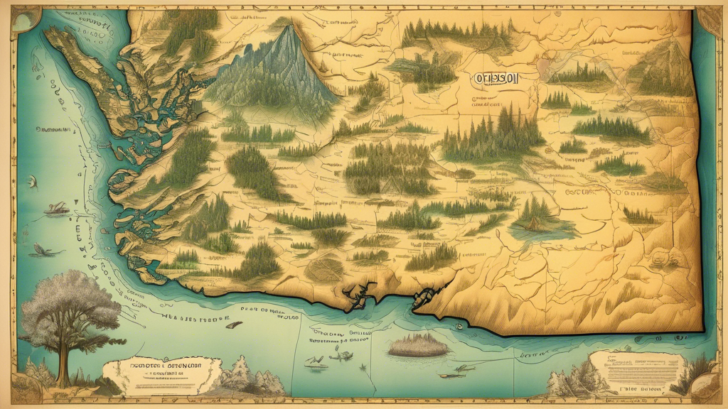 Here is a DALL-E prompt for an image relating to the article title Exploring the Diverse Landscapes of Oregon: A Cartographic Journey:

A highly detailed vintage-style map of Oregon, with illustration