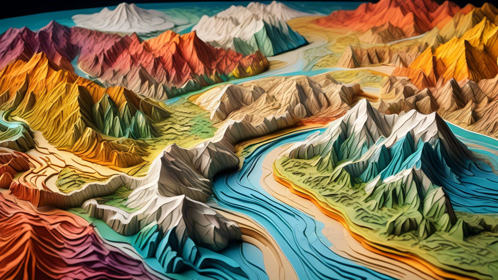 DALL-E Prompt: A highly detailed, three-dimensional Hubbard relief map showcasing a diverse landscape with mountains, valleys, rivers, and forests, created using plaster and painted in vibrant, natura