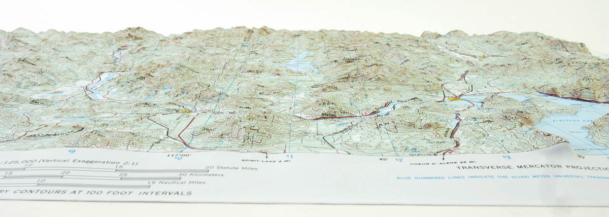 Sandpoint, WA, hot ID, MT, Hubbard Raised Relief Map