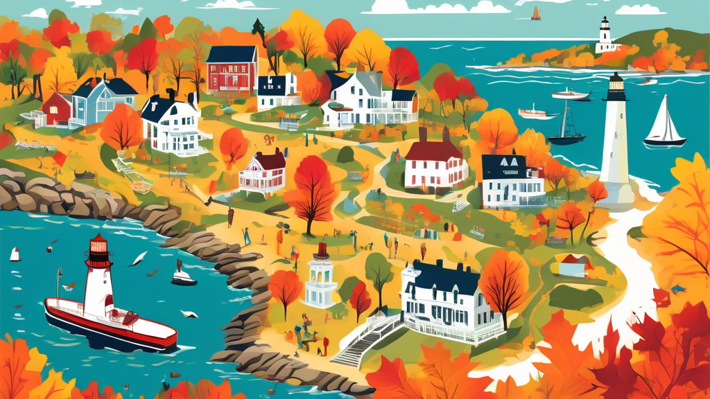 DALL-E prompt: A beautifully illustrated map of Rhode Island showcasing its scenic coastal towns, historic lighthouses, picturesque parks, and winding hiking trails amidst vibrant fall foliage.