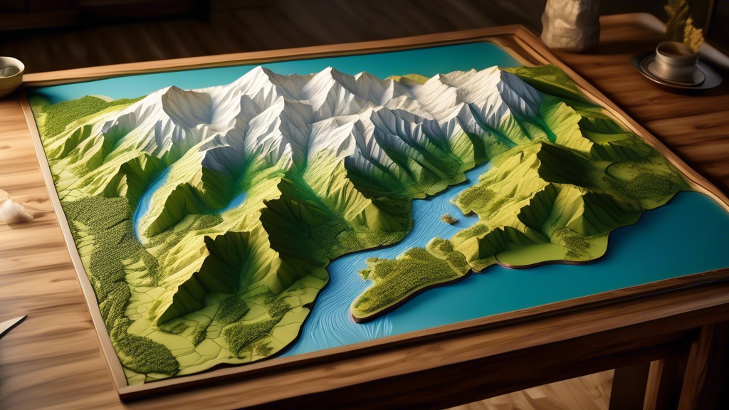3D topographical map with raised features representing terrain variation, color-coded by height.