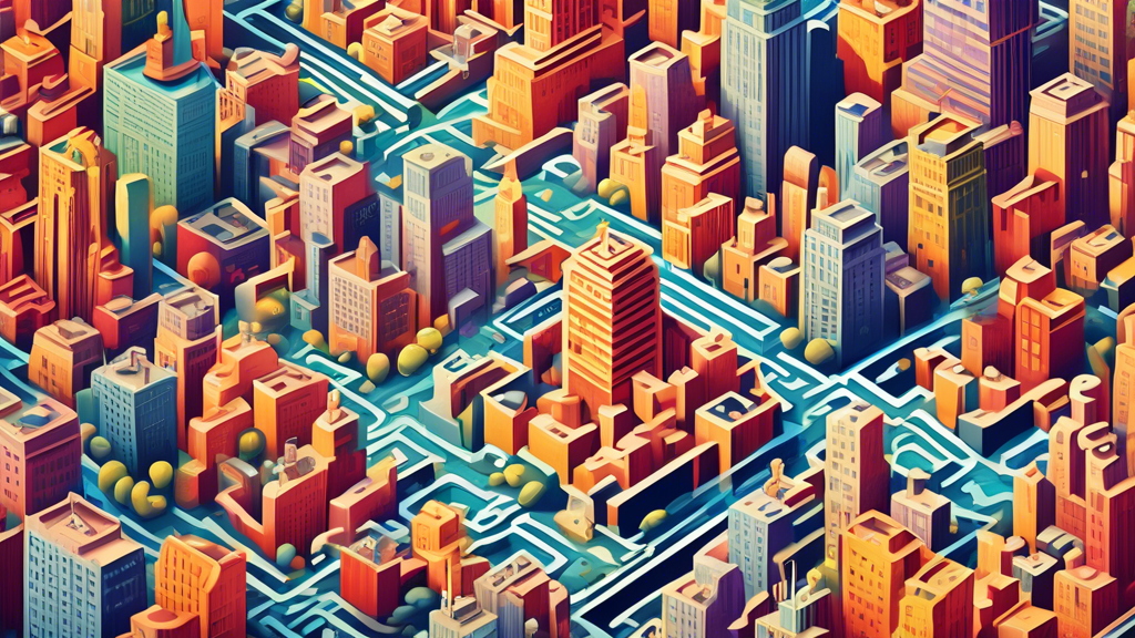 A bird's-eye view of New York City as a gigantic three-dimensional labyrinth made of streets and buildings, with a tiny person standing in the middle holding a map and looking lost or perplexed.