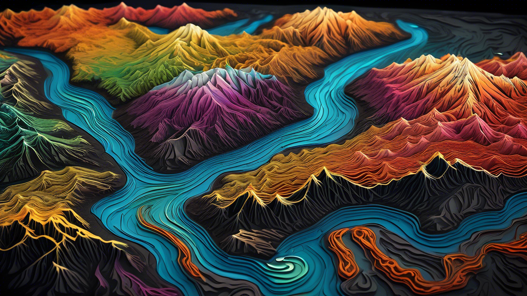 DALL-E Prompt:
A highly detailed, tactile topographic map featuring raised mountains, valleys, and rivers, with vibrant colors and intricate textures, as if the landscape is coming to life from the su