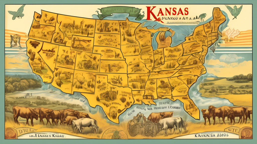 Here is a DALL-E prompt for an image related to the article title Exploring the Heart of America: A Comprehensive Map of Kansas:

A vintage-style illustrated map of the state of Kansas with detailed d