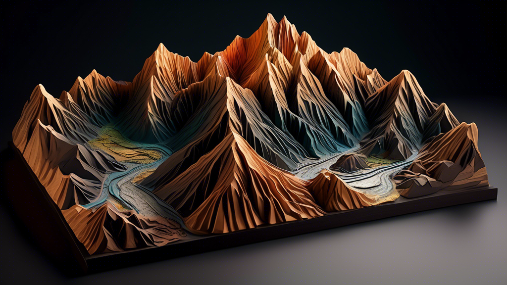 DALL-E prompt: A highly detailed, photorealistic 3D topographic map of a mountainous landscape with raised relief techniques, featuring elevated ridges, valleys, and peaks, all sculpted from materials