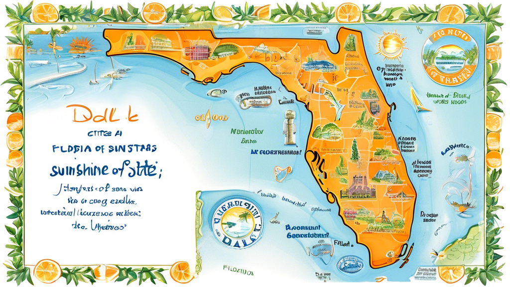 Here is a DALL-E prompt for an image relating to the article title Exploring the Sunshine State: A Comprehensive Map of Florida:

A highly detailed illustrated map of the state of Florida, showing maj