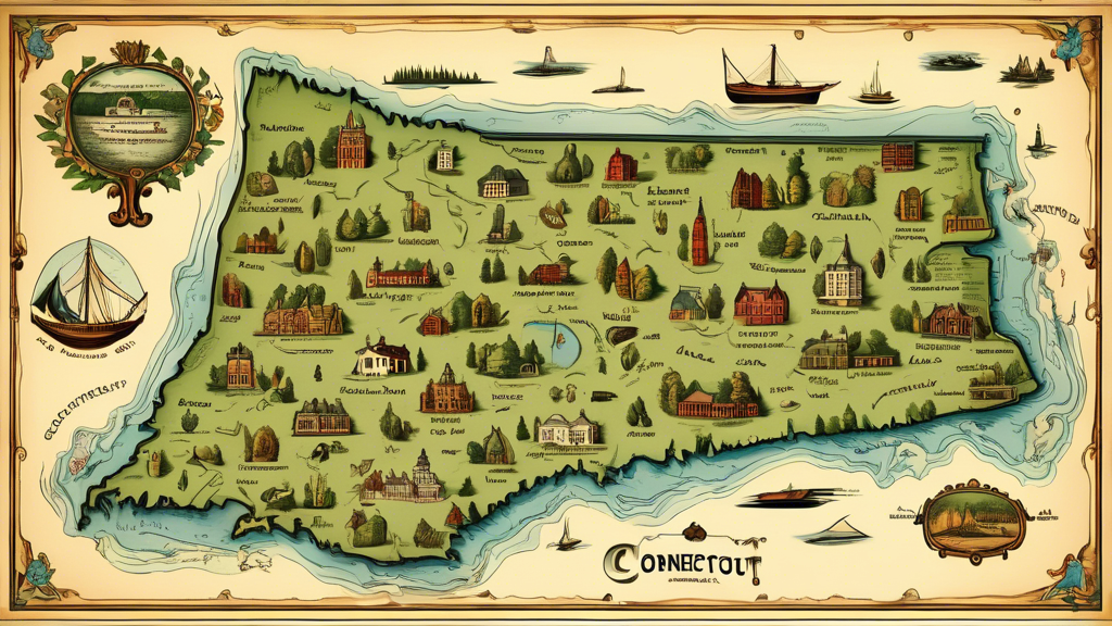 A detailed illustrated map of the state of Connecticut featuring its major cities, natural landmarks like rivers and forests, tourist attractions, and other points of interest. The map should have a v