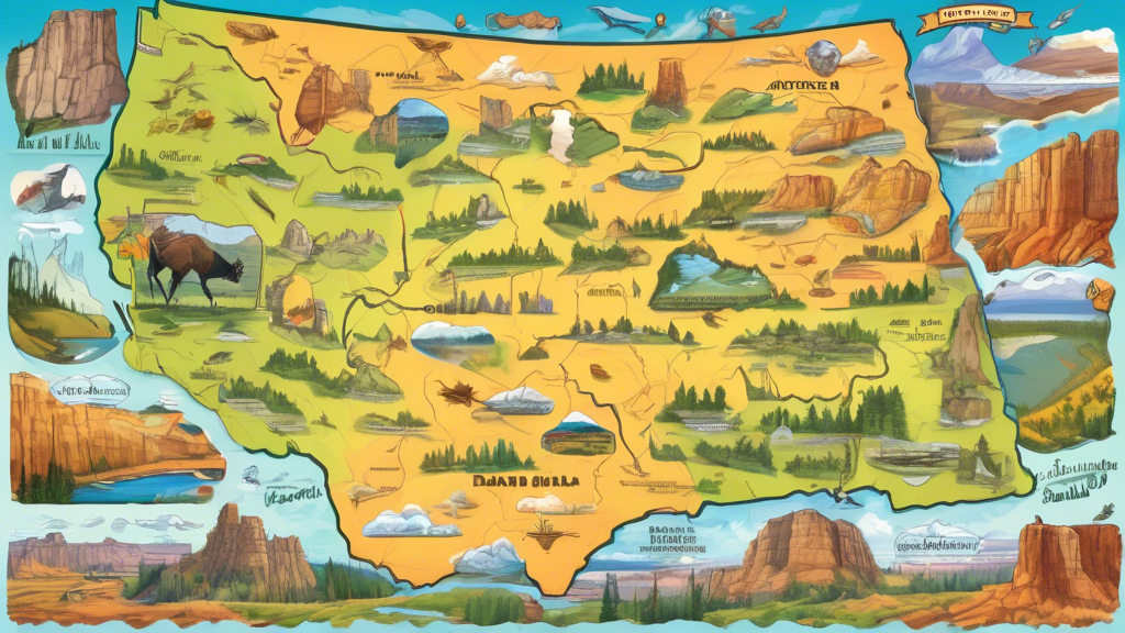 DALL-E prompt: A detailed map of South Dakota showing various national and state parks, monuments, hiking trails, and scenic overlooks, with illustrations of iconic landscapes like the Badlands, Black