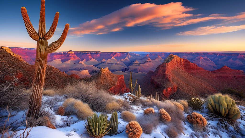 Towering red rock formations stretch towards an endless blue sky, with the iconic grandeur of the Grand Canyon carving through the landscape, revealing layers of geological history. In the foreground,