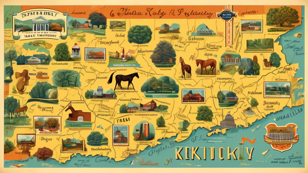 A highly detailed map of the state of Kentucky, rendered in an artistic style reminiscent of vintage travel posters or cartography. The map highlights major cities, regions, parks, rivers, and geograp