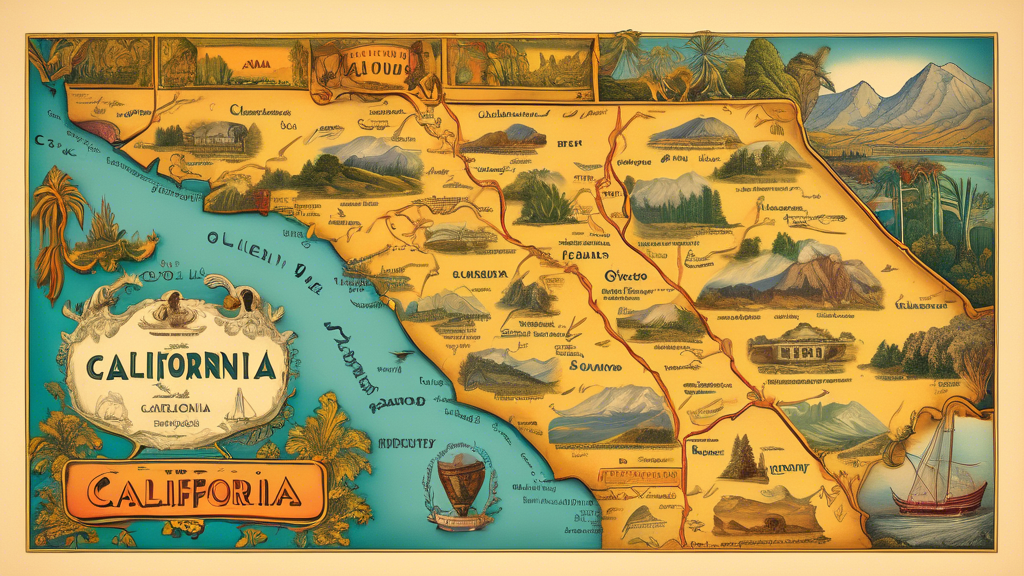 Here is a DALL-E prompt for an image relating to the article title Exploring the Golden State: A Detailed Map of California:

A highly detailed vintage-style map of the state of California, with vibra