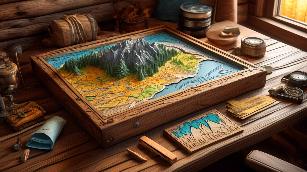 DALL-E prompt: A highly detailed, three-dimensional raised relief map of the Adirondack Mountains, featuring intricate textures and elevations, displayed on a rustic wooden table surrounded by vintage