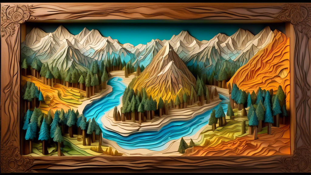DALL-E prompt: A highly detailed, three-dimensional raised relief map carved from wood, depicting a mountainous landscape with rivers, valleys, and forests, displayed in an ornate frame and illuminate