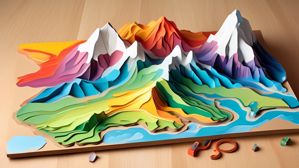 A colorful, three-dimensional topographic map of a mountainous region, crafted from layered cardboard, plaster, and paint, sitting on a wooden table with sculpting tools and a paintbrus