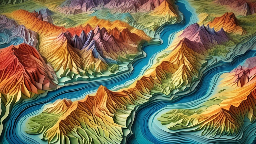 A highly detailed, colorful topographic relief map of a mountainous landscape with exaggerated elevation, showing peaks, valleys, and rivers. The map appears to be three-dimensional and lifelike, as i
