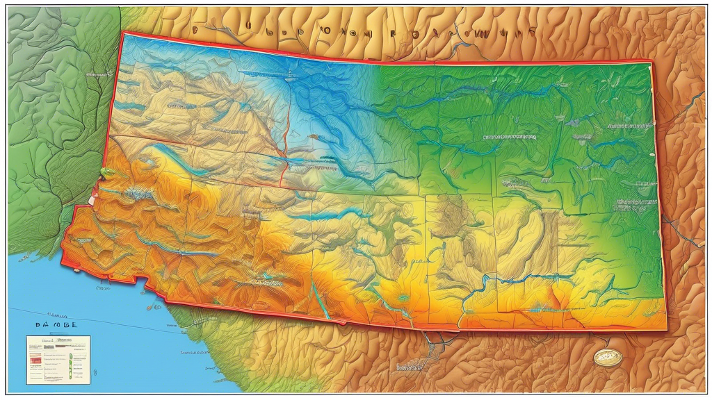 DALL-E Prompt: A highly detailed topographical map of the state of Wyoming, featuring rugged mountain ranges, vast plains, winding rivers, and vibrant colors depicting elevation variations, with label