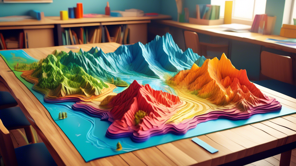 A vibrant, colorful 3D topographic map of a mountainous landscape, with realistic terrain features like peaks, valleys, and rivers, sitting on a wooden table in a classroom setting, as a group of dive