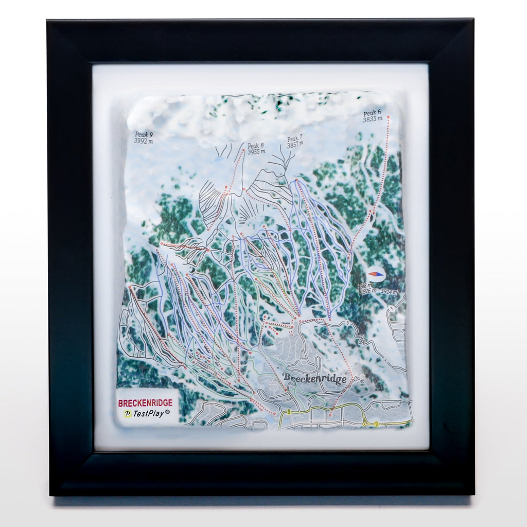 TESTPLAY Breckenridge Ski Area 3D raised relief map showing topography, lifts and ski runs.