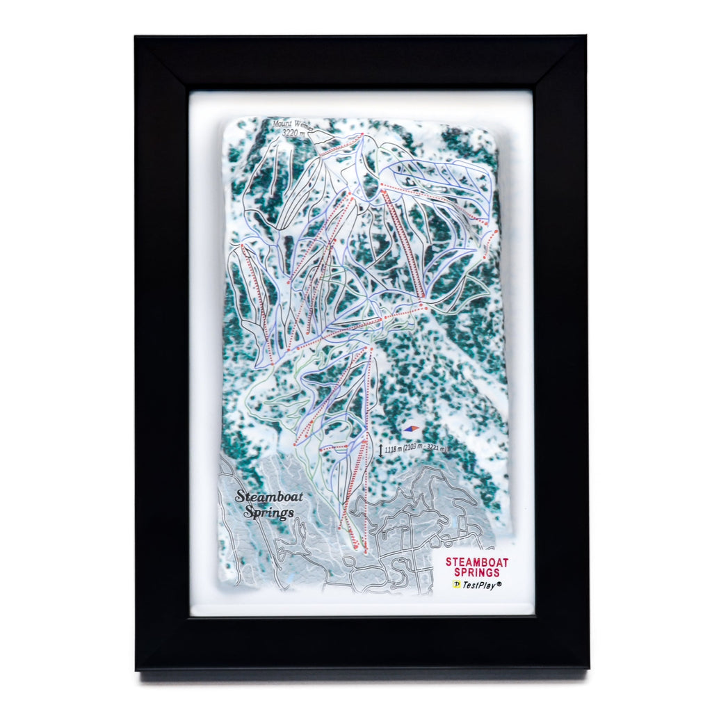 TestPlayNA 3D ski resort map of Steamboat Springs showing family-friendly terrain and lifts