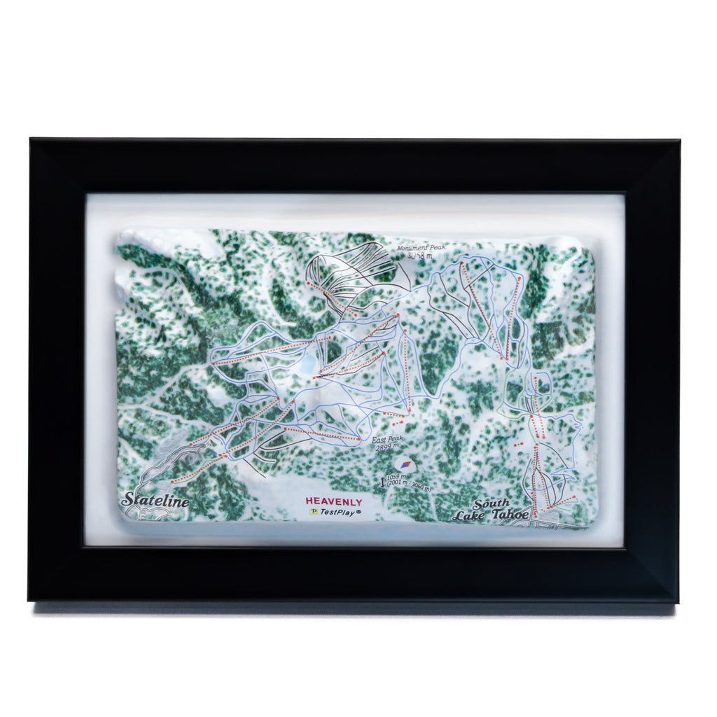TestPlayNA 3D ski resort map of Heavenly, Lake Tahoe showing terrain, runs, and lifts