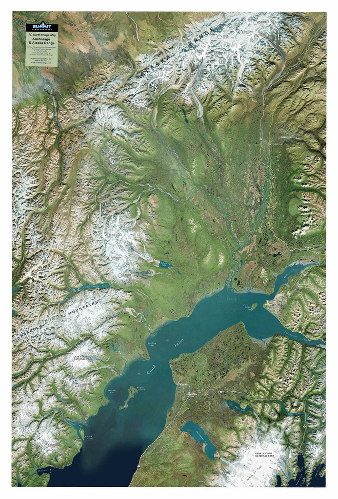 Anchorage & Alaska Range Satellite Image Three Dimensional 3D Raised Relief Map