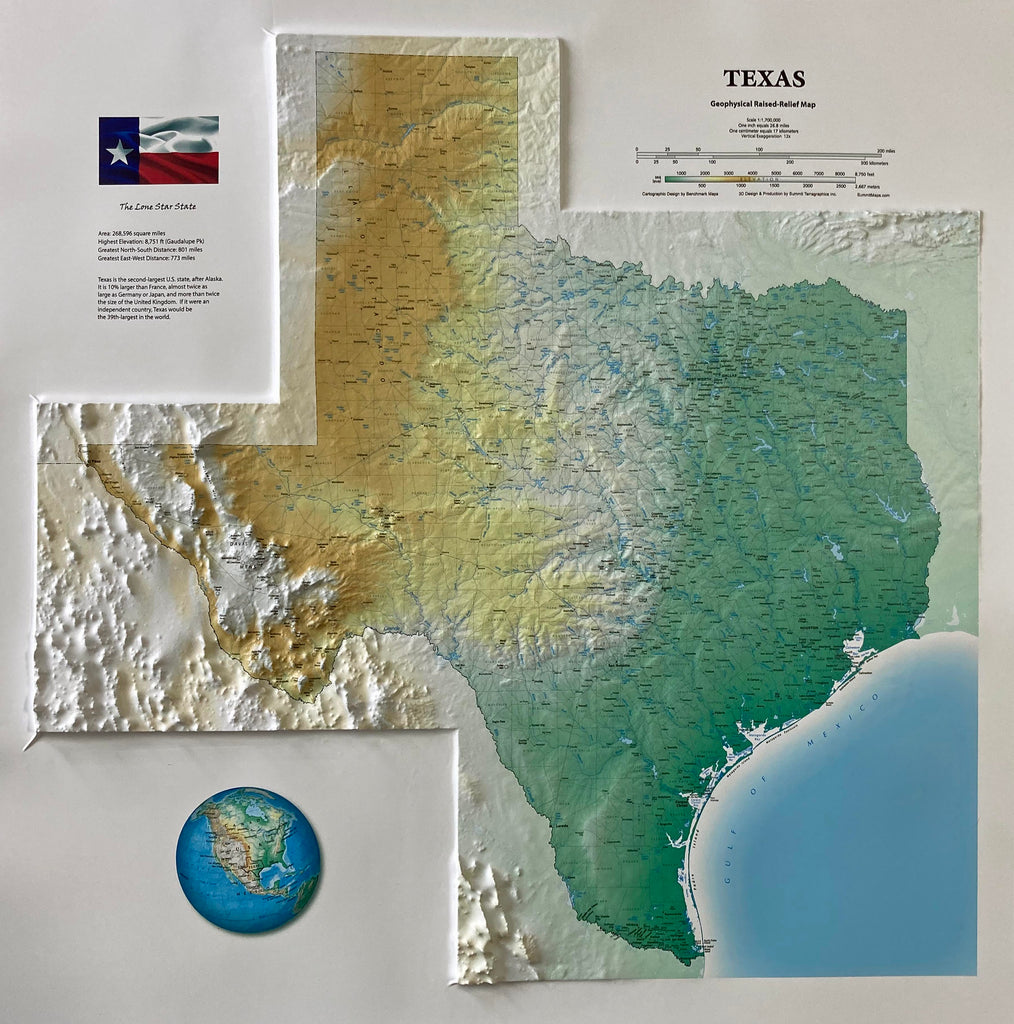 Texas State Three Dimensional 3D Raised Relief Map (Small)