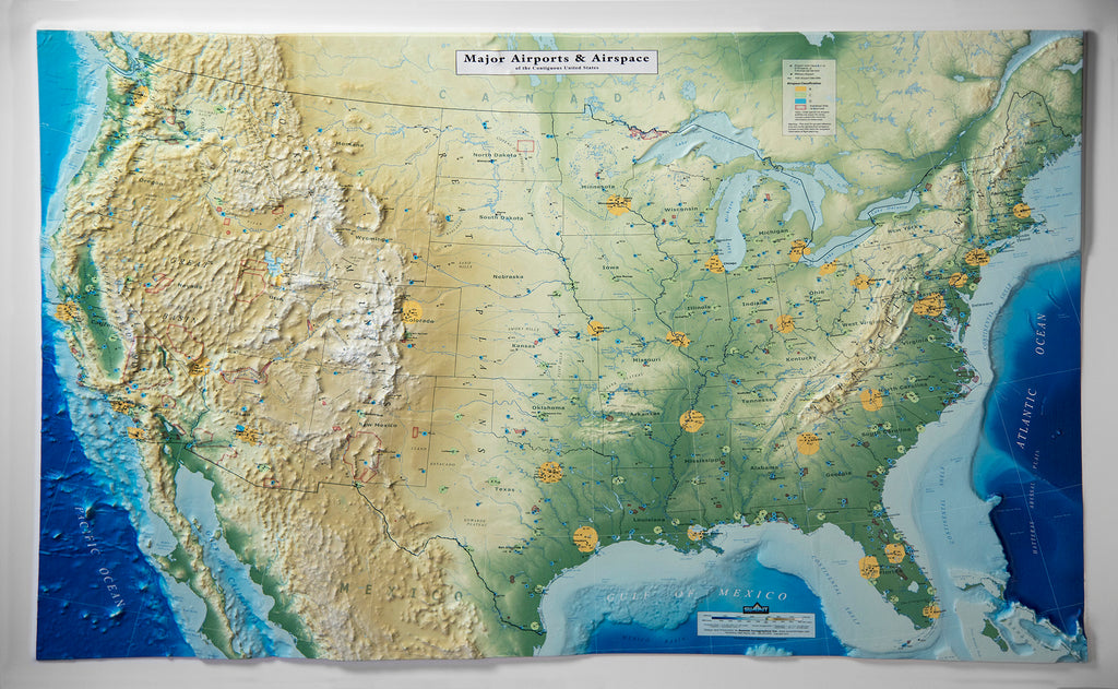 United States - Major Airports & Airspace Three Dimensional 3D Raised Relief Map